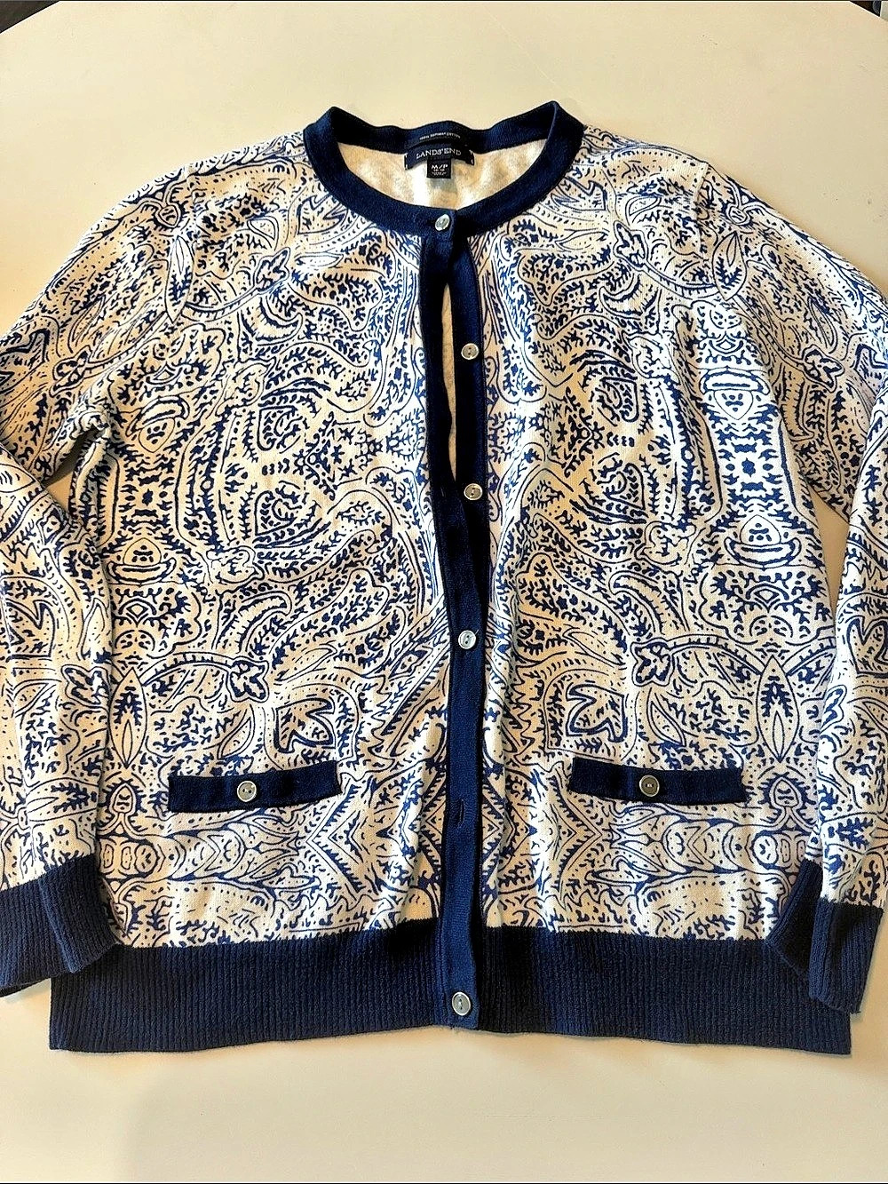 Lands' End Paisley Cotton Bomber Jacket in Blue & Cream Size Medium